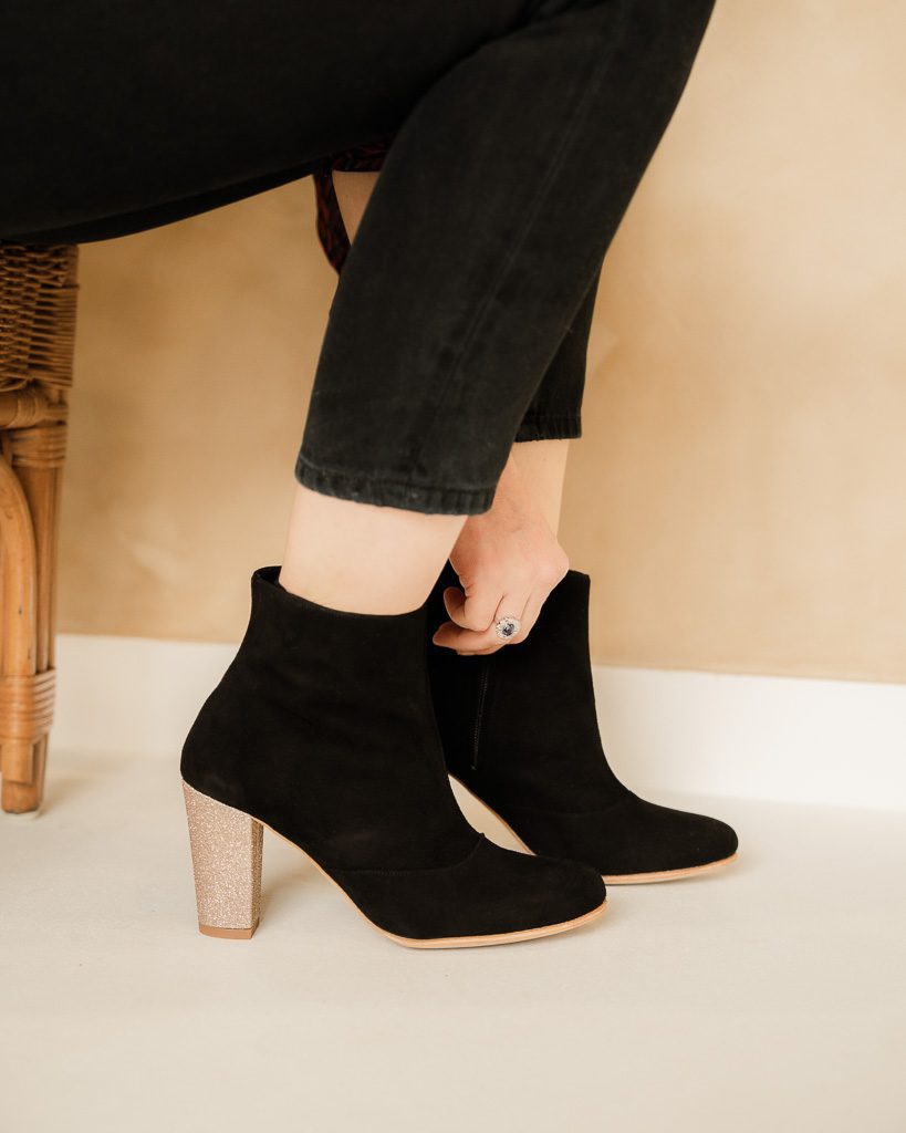 Dessine Moi Un Soulier bottine velours noir paillettes or talon petit