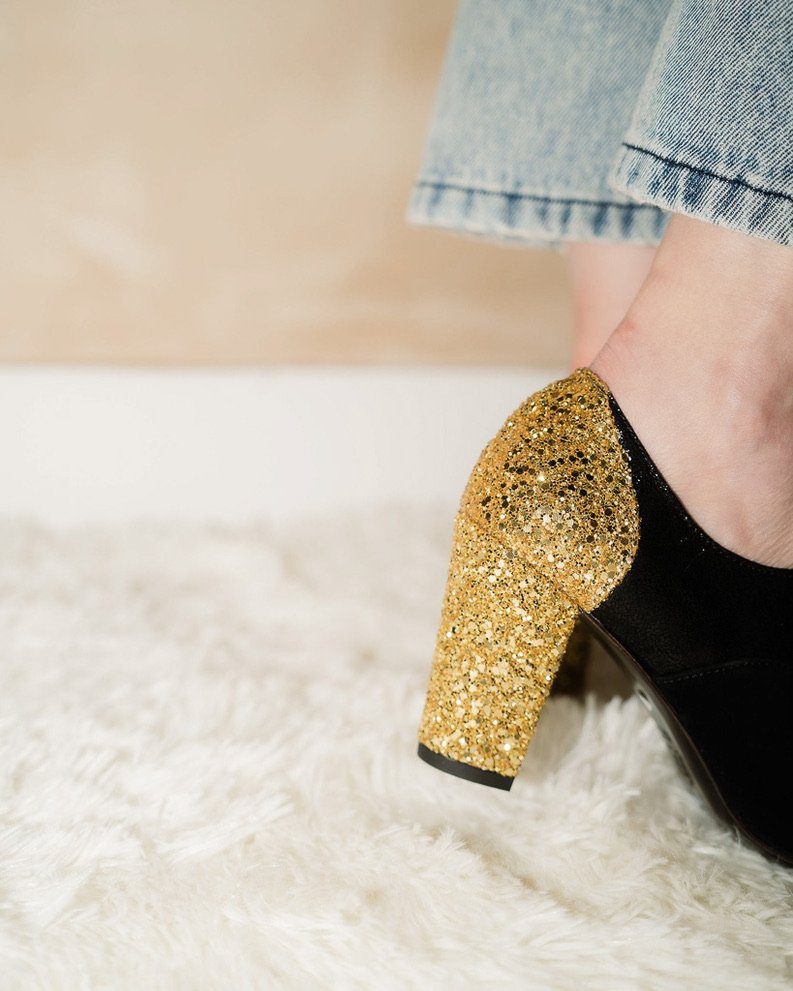 Dessine Moi Un Soulier Richelieu Talon irisé noir glitter or