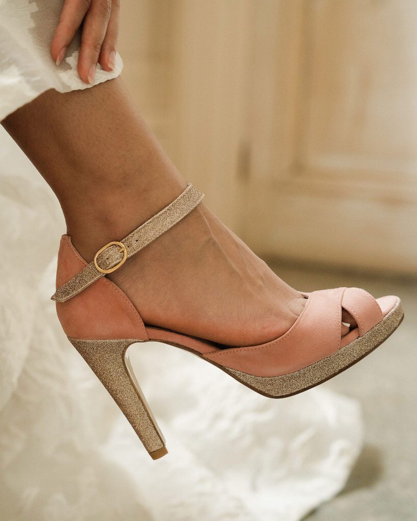 Dessine Moi Un Soulier salomé plateforme velours blush paillettes
