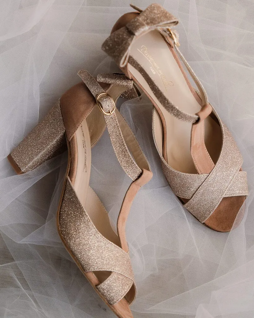Dessine Moi Un Soulier Salomé ouverte paillettes or bois de rose